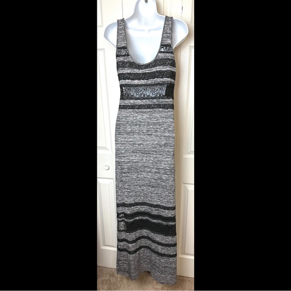 FREE PEOPLE Hazy Days Maxi Dress Black Gray Space Dye Marled Knit Lace Inset - Picture 9 of 12